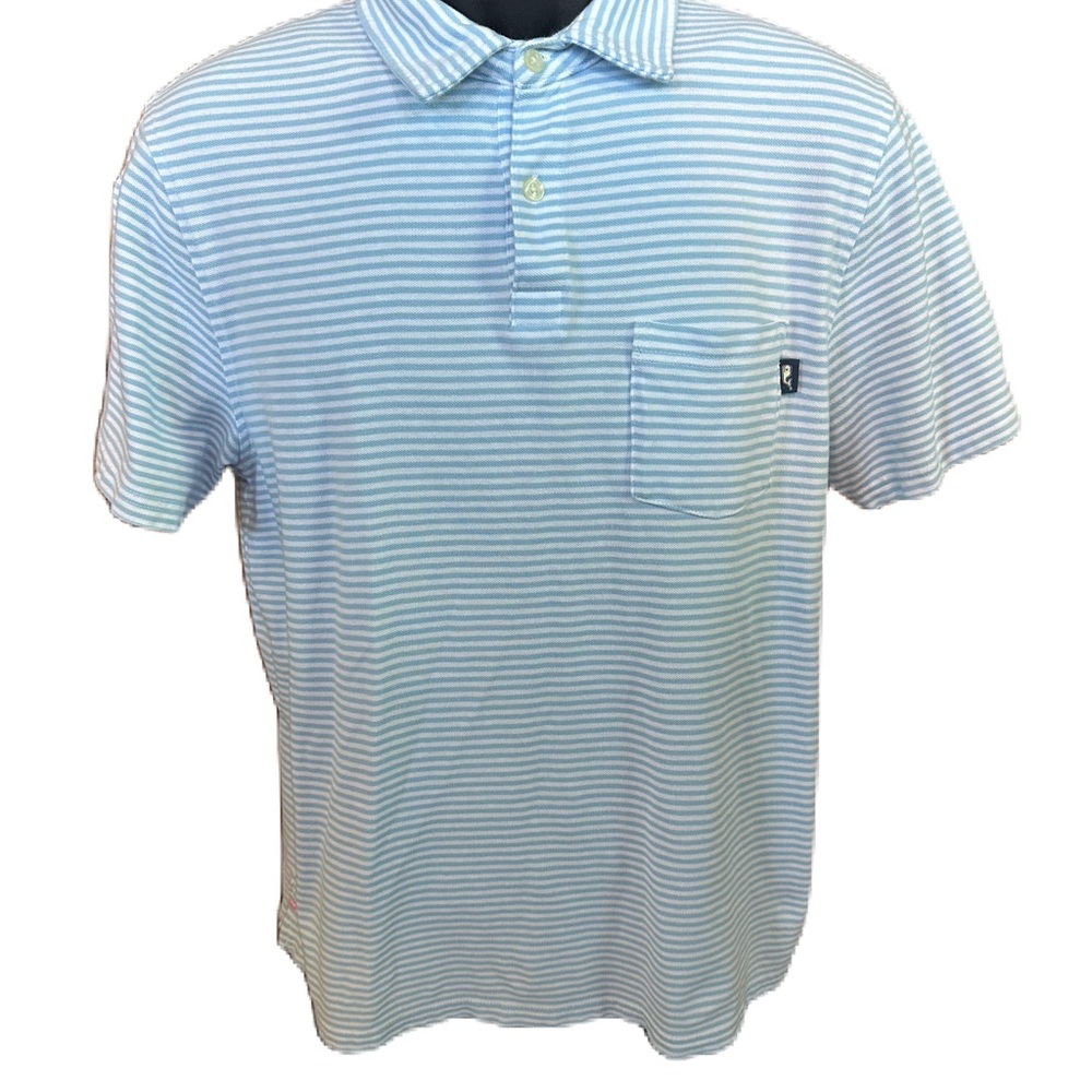 Vineyard Vines Men’s  Blue and White Striped Polo Shirt With Front Picket. Med